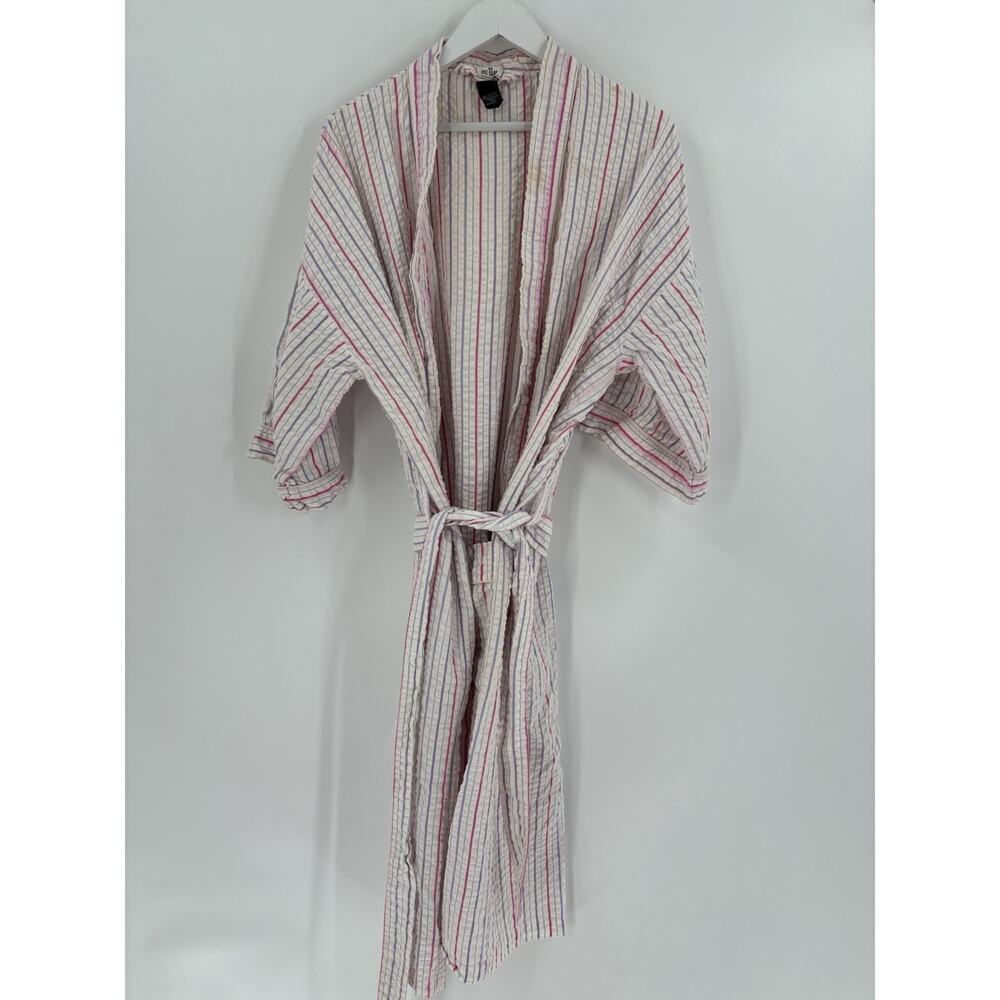 Bill Blass Vintage Robe Womens White Pink Striped Belted Short Sleeves Cotton